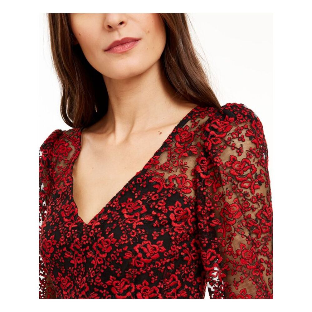 NANETTE LEPORE Womens Red Sheer Floral 3/4 Sleeve V Neck Top Size: 12 - Picture 3 of 4